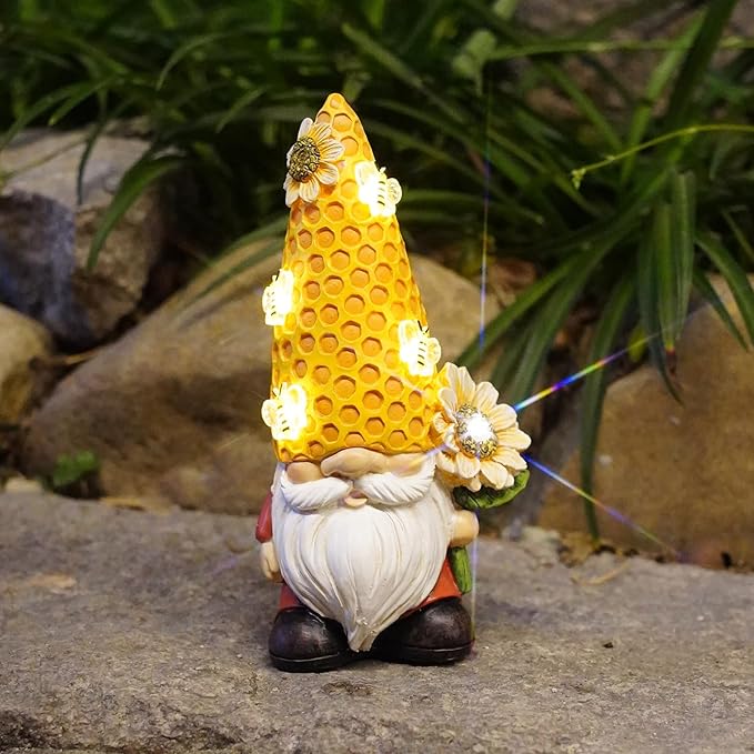 Garden Gnome Statue Solar Powered with Glowing Bees Sunflower Outdoor Funny Resin Figurine Decorations for Patio Yard Lawn Porch Housewarming Ornament Gift-VerdiqueGarden