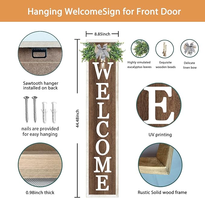 Surfapans Welcome Sign for Front porch Standing 45"X9"Large Wood Frame Outdoor Tall Welcome Signs Vertical Decor for Farmhouse Rustic Home Modern Outside Front Door Wall Decorations (White Wood)-VerdiqueGarden
