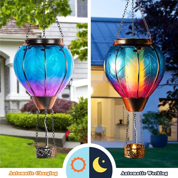 Starsoul Hot Air Balloon Solar Lantern with Candle Holder Glass Solar Hot Air Balloon Lantern with Flame Solar Hanging Hot Air Balloons Decorative for Lawn Porch Tree Yard-VerdiqueGarden