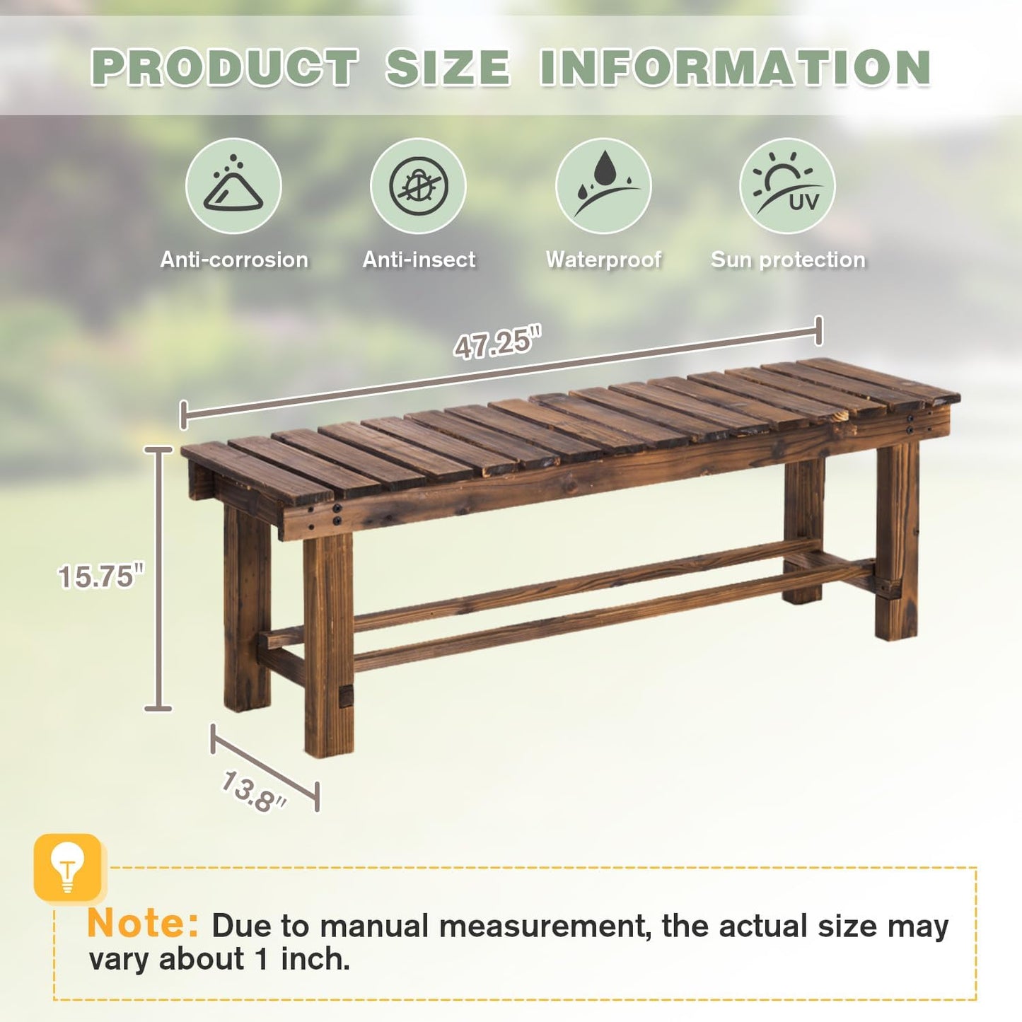 Outdoor Garden Bench, 3-Person Wood Patio Bench Weatherproof Outdoor Backless Bench, Anti-Corrosion and Anti-Rust Garden Benches for Garden Lawn Porch Park Backyard (Carbonized,47.25''/120cm)-VerdiqueGarden