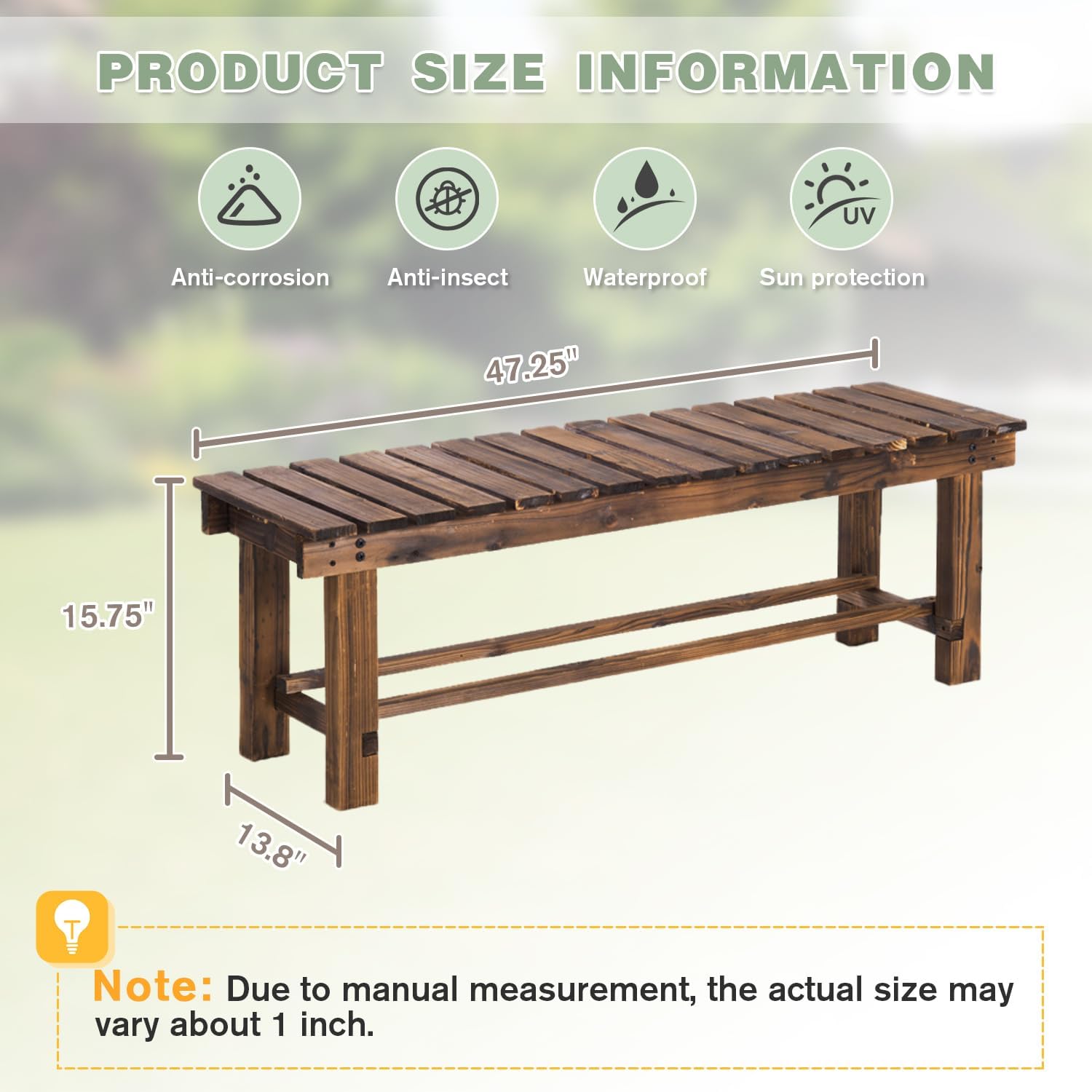 Outdoor Garden Bench, 3-Person Wood Patio Bench Weatherproof Outdoor Backless Bench, Anti-Corrosion and Anti-Rust Garden Benches for Garden Lawn Porch Park Backyard (Carbonized,47.25''/120cm)-VerdiqueGarden