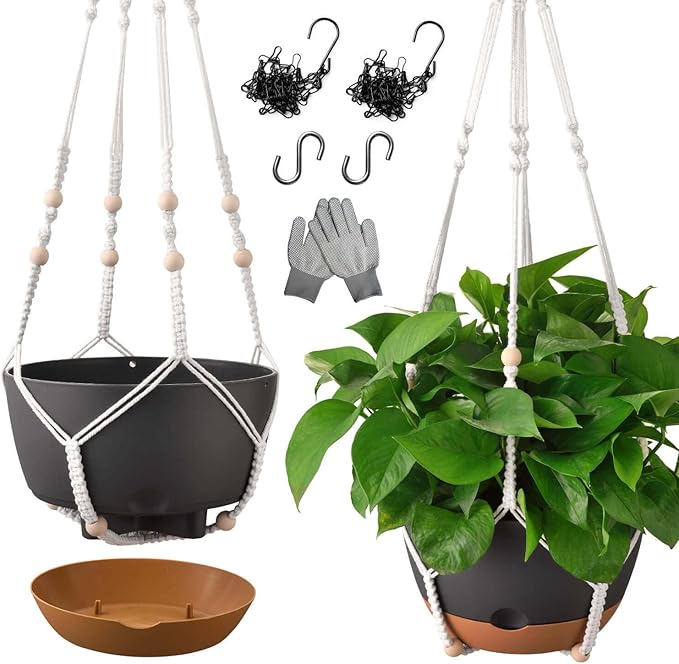 10 Inch Hanging Planters for Indoor Plants,Set of 2 Hanging Pots for Plants with Self-Watering, Outdoor Hanging Plant Pot with Drainage and 2 Kinds of Hanging Baskets Hangers for Home Decor and Garden-VerdiqueGarden