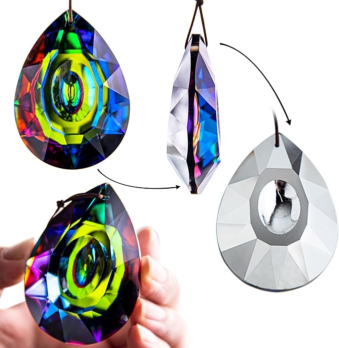 HDCRYSTALGIFTS 2PCS 76mm Crystal Prisms Suncatchers Hanging Ornament for Window, Chandelier Lamp Drops Pendant Rainbow Maker Home Garden Decoration (Single Face Colorful)-VerdiqueGarden