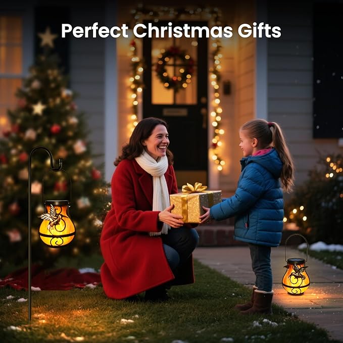 Solar Lights Outdoor Decorative, Hummingbird Flickering Flame Lantern Waterproof, Garden Decor Hanging Lights for Outside Patio Pathway Yard, Christmas Birthday Gifts, 2 Pack-VerdiqueGarden