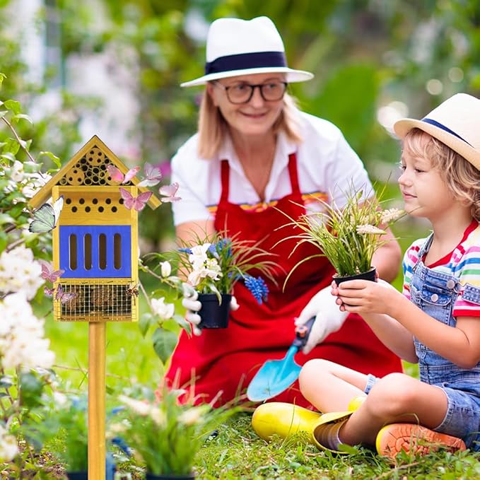 Wooden Butterfly House & Bee House for The Garden, Durable Bug Hotel W/Wooden Stake and Iron Roof, Insect Habitat On The Ground Or Hanging On The Tree, for Butterfly, Bee, Ladybug, Bug-VerdiqueGarden