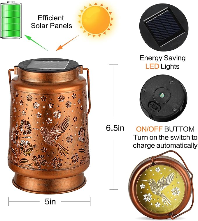 Hummingbird Solar Lanterns Outdoor Waterproof Garden Decor Birthday Gifts for Women Mom Grandma Hanging Solar Lights Metal Lantern Decoration Outside for Porch,Patio,Yard,Backyard-VerdiqueGarden