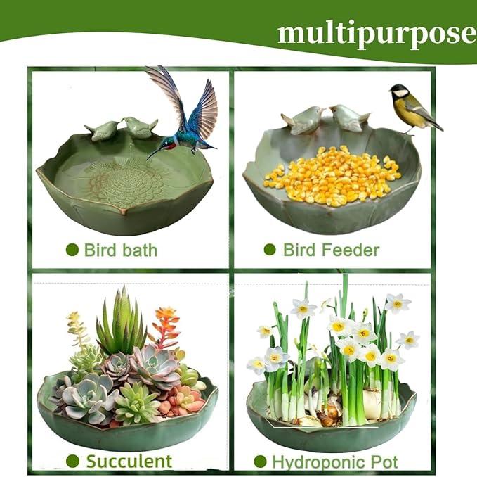 Bird Bath for Outside on Ground, 10 in Ceramic Birds Bath Bowl, Handmade Ground Bird Feeders and birdbath for Outdoors for Outdoors, Garden, Tabletop, Balcony and Lawn (Big - shallow)-VerdiqueGarden