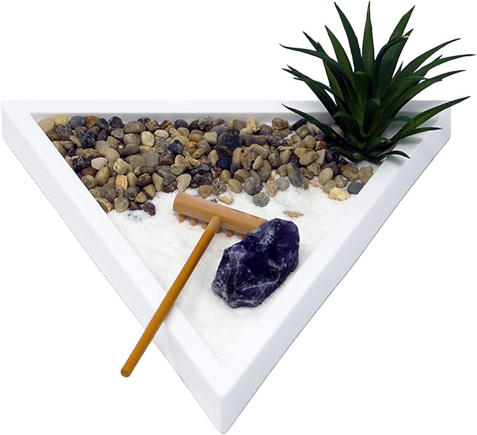 Nature's Mark Mini Zen Garden Kit for Desk with White Sand, Rake, White Base, Salt Rock and Air Plant (Triangle)-VerdiqueGarden