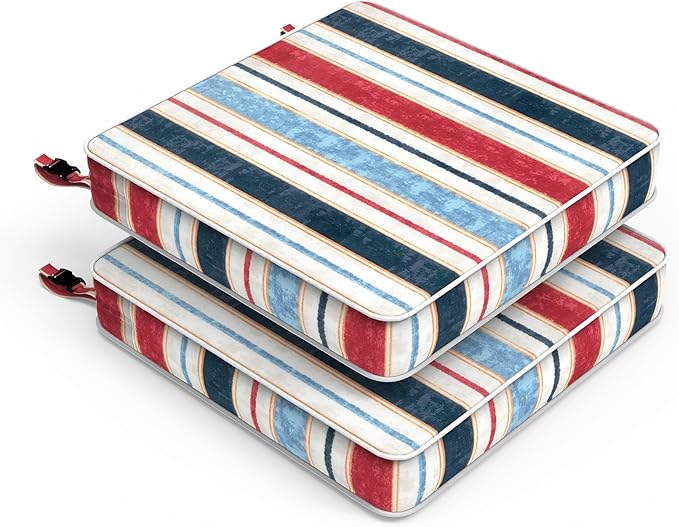 LVTXIII Patio Chair Cushions 19"x19"x3", Water-Repellent Outdoor Seat Cushions for Patio Furniture, Square Chair Pads with Ties for Home Garden Decoration, Set of 2, Stripe Red Blue-VerdiqueGarden