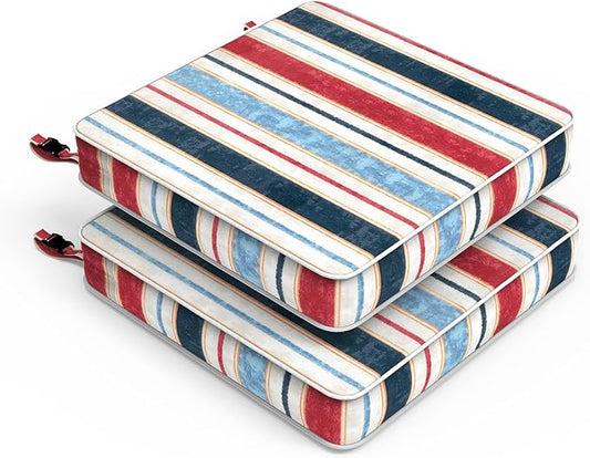 LVTXIII Patio Chair Cushions 19"x19"x3", Water-Repellent Outdoor Seat Cushions for Patio Furniture, Square Chair Pads with Ties for Home Garden Decoration, Set of 2, Stripe Red Blue-VerdiqueGarden