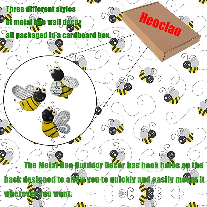 3 Pcs Metal Bee Wall Decor, Cute Bumble Bee Sculpture, Funny Animal Wall Decor - Yellow Bodies, Black Stripes, Large Eyes for Home Office Decor (Bee)-VerdiqueGarden