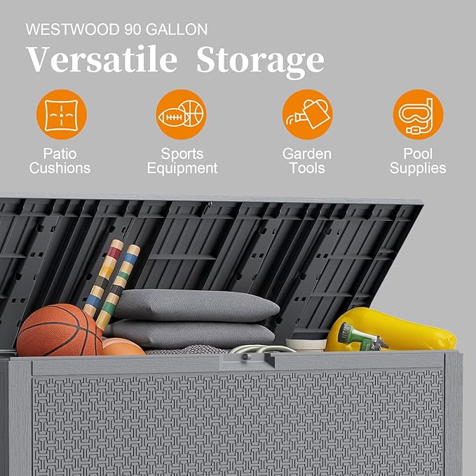 Outdoor Storage Box, 90 Gallon Deck Box, Waterproof Resin Storage Bin for Patio Cushions, Gardening Tools, Lockable, UV Resistant, Grey-VerdiqueGarden
