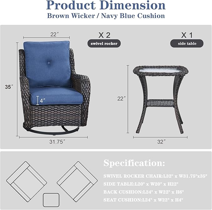 Outdoor Swivel Rcoker Patio Chair - 3 Pieces Wicker Swivel Glider Chairs with Side Table, Patio Furniture Set for Porch Deck Balcony Garden-VerdiqueGarden