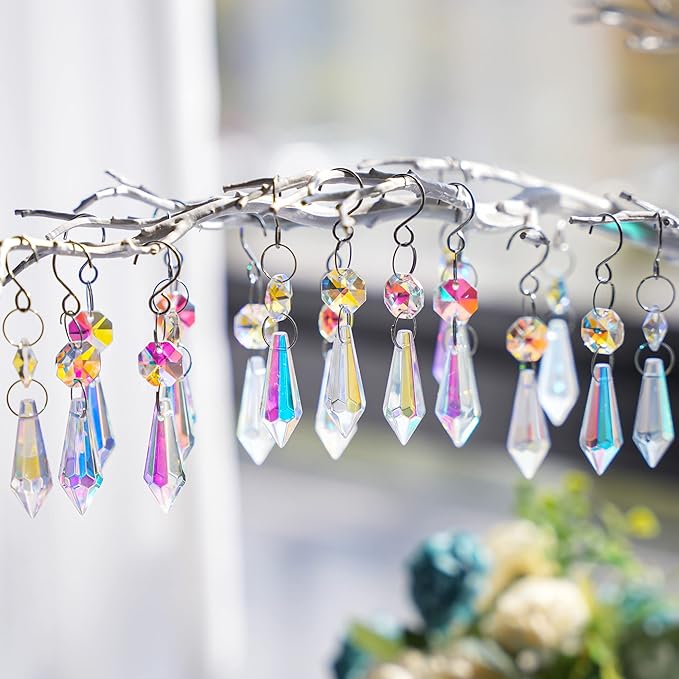 50pcs Colorful Crystal Icicle Prisms for Chandeliers, 38mm Chandelier Crystals Glass Prisms Pendants, Chandelier Crystals Replacement Parts with Octogan Beads for Wedding,Party Decoration-VerdiqueGarden