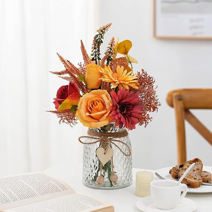 Artificial Flowers with Vase, Faux Silk Flowers Arrangement in Vase, Rustic Home Office Decorations, Farmhouse Dining Table Decor, Coffee Table Centerpiece, Fall Table Plant Decor-VerdiqueGarden