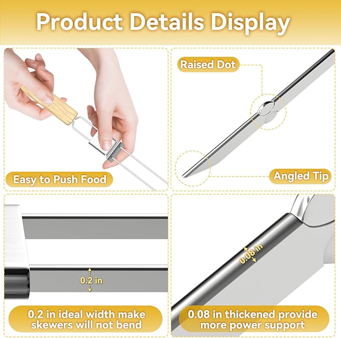 Skewers for Grilling, 17" (6 Pcs) Wooden Handle Double Pronged Stainless Steel Flat Kabob Skewers with Push Bar, Reusable Long Metal Skewer Sticks for Meat Chicken Vegetable, BBQ Accessories-VerdiqueGarden