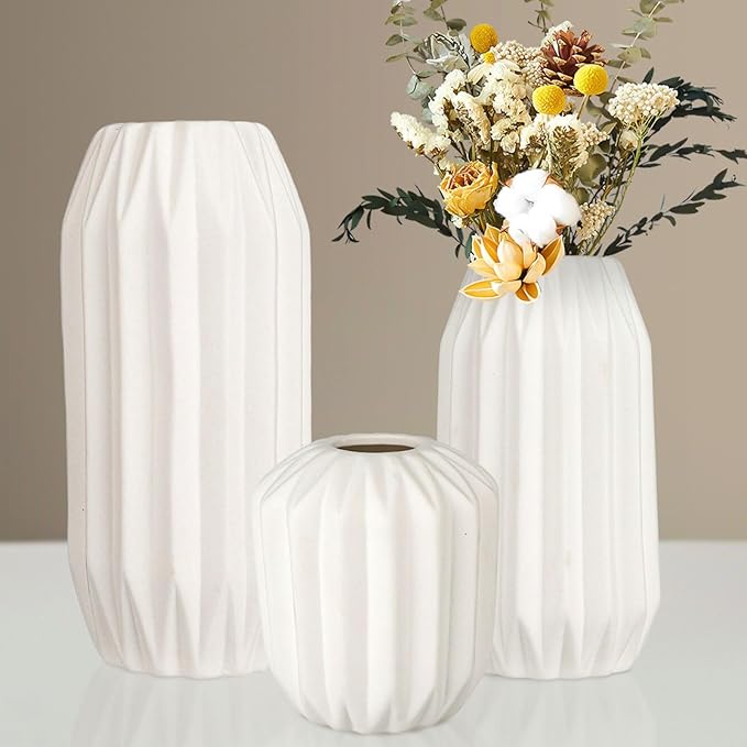 Ceramic Vase Set of 3, White Vase for Modern Home Decor, Decorative Vases for Bouquet Pampas Grass Dried Flowers, Living Room, Bedroom, Bathroom, Shelf Centerpiece Table Decorations-VerdiqueGarden