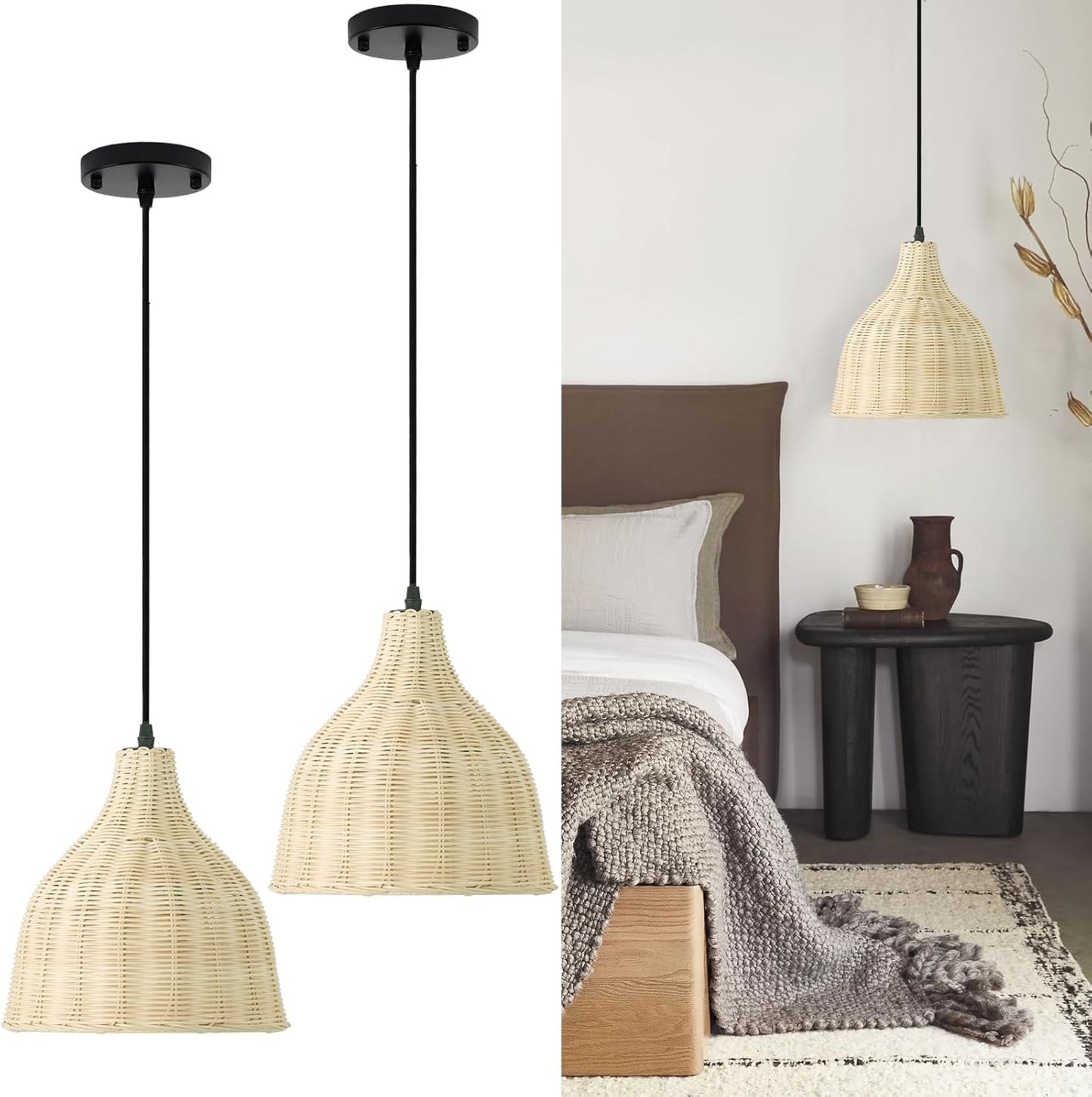 TERLEENART Hard Wired Rattan Pendant Lights Set of 2,Boho Wicker Chandelier with 9.84” Dome Shade, Basket Hand Woven Hanging Lamp for Coastal Kitchen Island Dining Room Living Room Bar Foyer Hallway-VerdiqueGarden