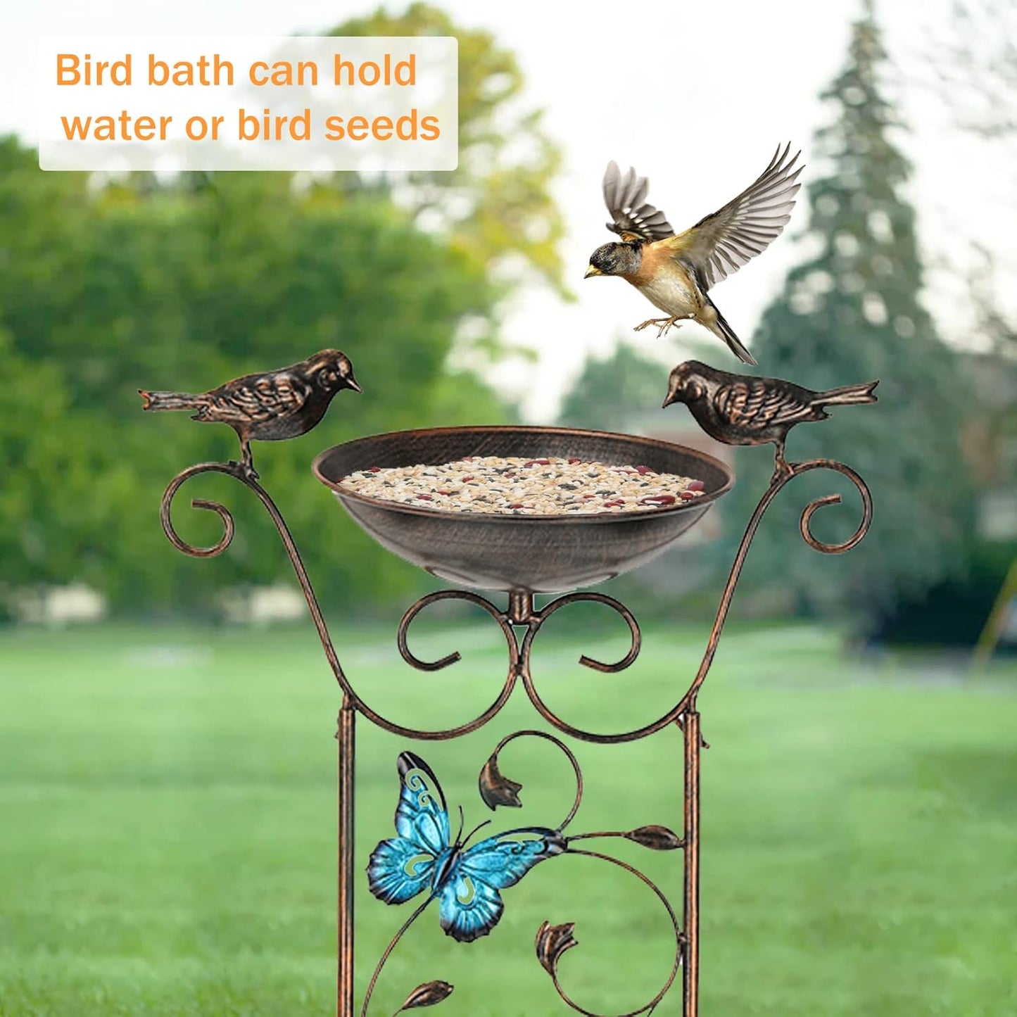LEWIS&WAYNE Garden Trellis Bird Bath Outdoor, 40 Inch Antique Iron Garden Plant Trellis Decorative with Butterflies and Detachable Drinking Basin Bowl, Free Standing BirdBath Birdfeeder Station-VerdiqueGarden