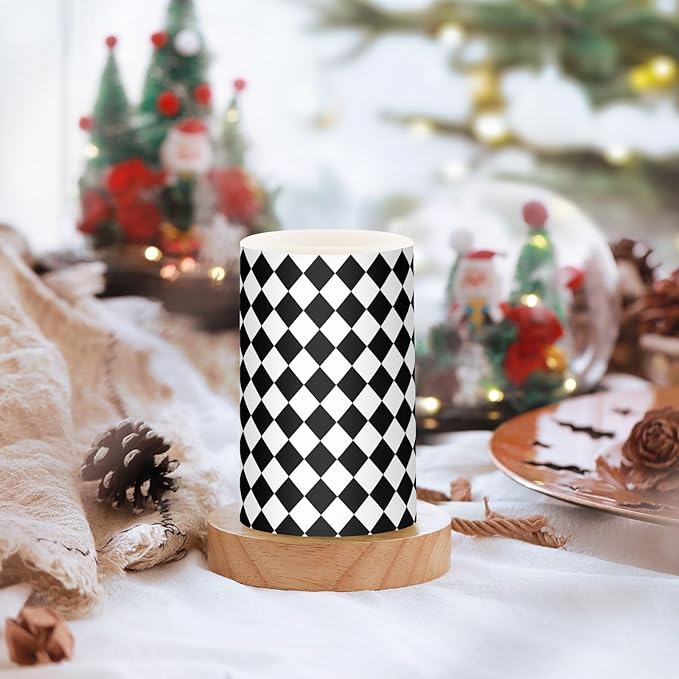 Flickering Flameless Candles, Black White Rhombuses Checkered LED Candles with Remote Timer, Set of 2 Battery Operated Candle for Valentine Wedding Birthday-VerdiqueGarden