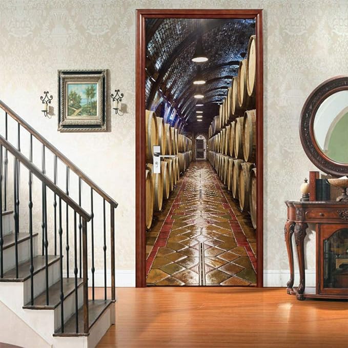 3D Door Stickers Murals - Peel & Stick Wine Cellar Theme - Removable PVC Waterproof Door Poster, 34.6" x 78.7" for Bedroom & Living Room-VerdiqueGarden