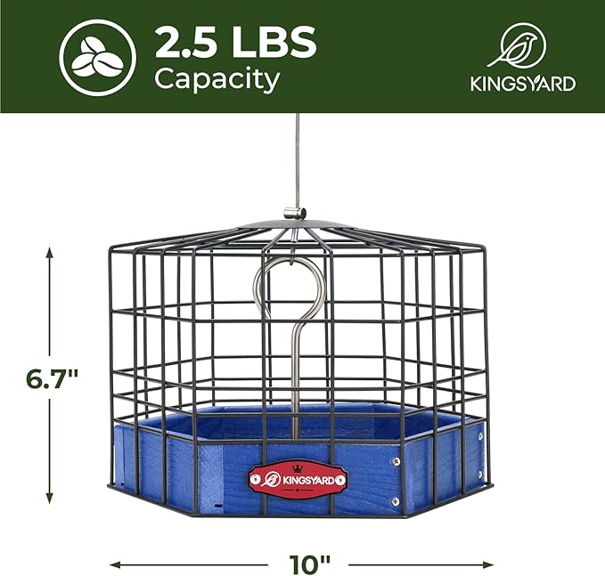 Kingsyard Squirrel Proof Platform Bird Feeder for Outdoor Hanging, Caged Bird Feeder for Bluebird Mealworm, Recycled Plastic Feeding Platform with Metal Mesh Tray, Special for Small Birds, Blue-VerdiqueGarden