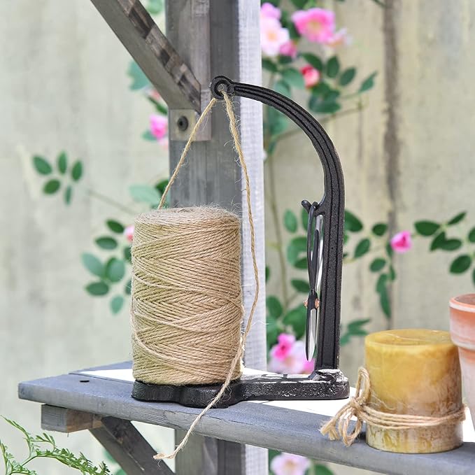 Sungmor Cast Iron Garden Twine Holder Set - 1300ft. Natural Jute Twine String & Rope Rack & Scissors - Decorative & Practical Home Arts Crafts Tools for Picture Display Gift Wrapping Packing Gardening-VerdiqueGarden