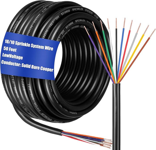 Hoolerry Solid Sprinkler System Wire 18 Gauge Irrigation Wire with UV Resistant PVC Jacket Sprinkler Cable for Underground Irrigation Field Central Control System 30v Ul Listed(18/10, 50 Ft)-VerdiqueGarden
