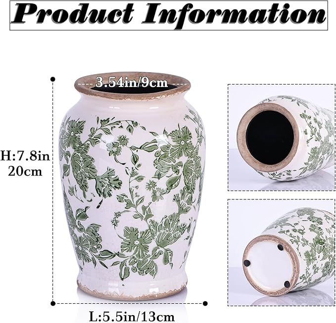 Vintage Vase for Flowers,Green Chinoiserie Ceramic Vase,Rustic Farmhouse Cracked Vases,for Flower Arrangement,Living Room, Office, Shelf, Fireplace Tables,Centerpieces,Chinoiserie Pottery Decor(B)-VerdiqueGarden