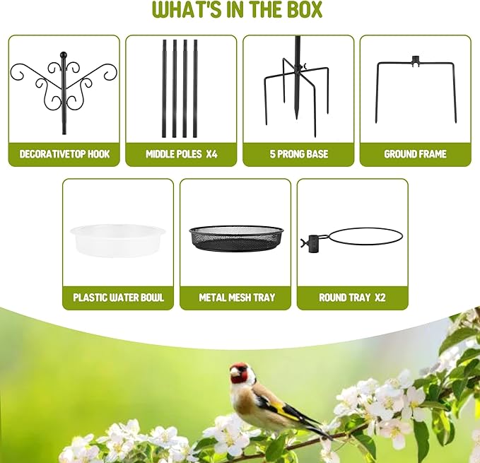 MIXXIDEA Bird Feeding Station Bird Feeder Pole with 5-Prong Base Hanging Hooks Water Bath Mesh Tray Wind-Resistant Water Bowl with Metal Snap Fastening for Outdoors to Attract Wild Birds-VerdiqueGarden