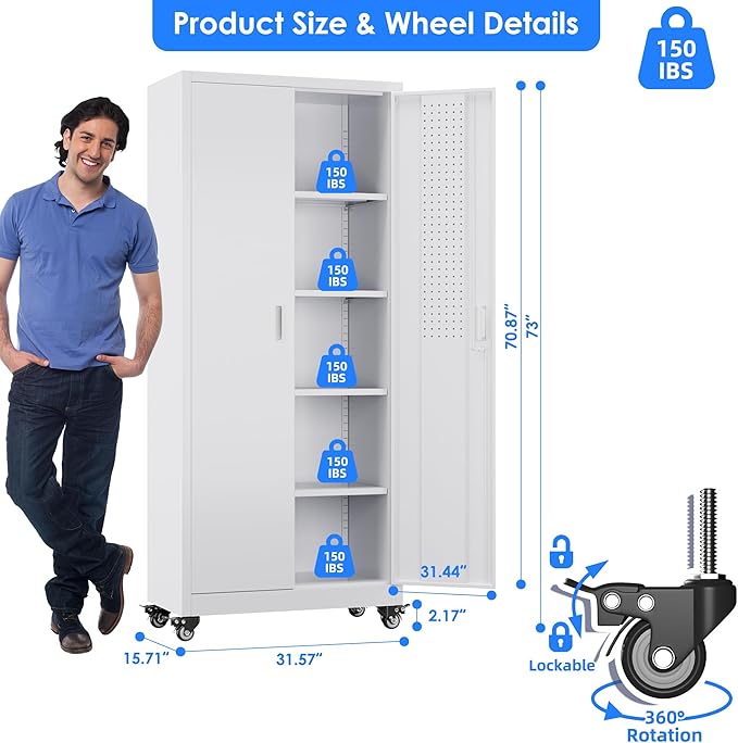 73" H Metal Garage Storage Cabinet with Wheels & Pegboard,Rolling Tool Cabinet with 2 Doors and 4 Shelves for Garage,Home,Office,Warehouse,Workshop, Required-Assembly,White-VerdiqueGarden