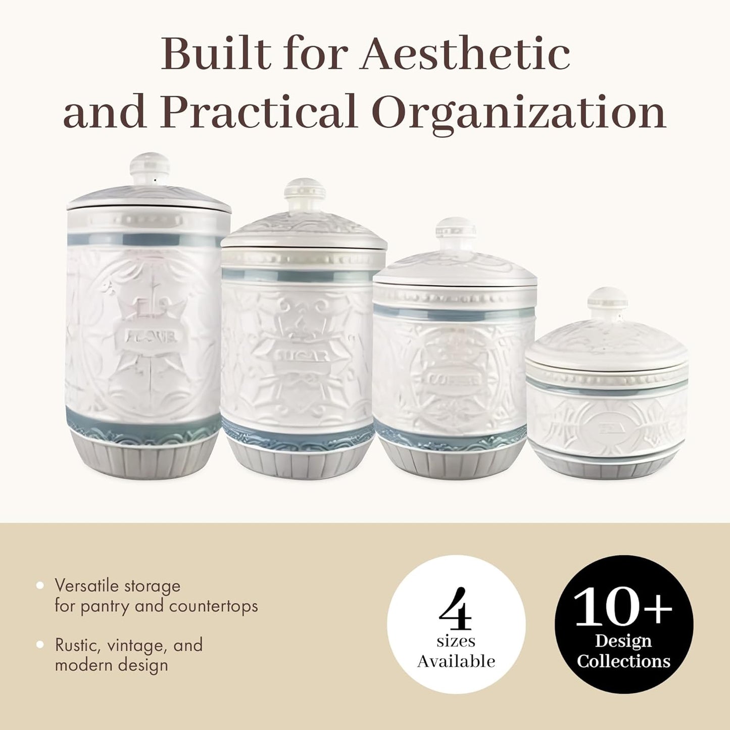 Young's Inc. 4 Pcs Set Casual Provincial Ceramic Canisters- Storage Container for Kitchen and Bathroom - Beautiful Home Decor Accent to Store Food, Coffee, Tea, and More - Green, White-VerdiqueGarden