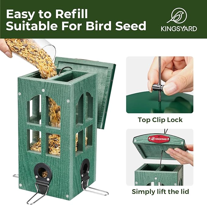 Kingsyard Upgraded Rainproof Bird Feeder for Outdoor Hanging - Metal Feeding Port, Recycled Plastic Wild Bird Feeder with Metal Mesh Tray for Goldfinch Small Bird, Garden Yard Decoration, Green-VerdiqueGarden