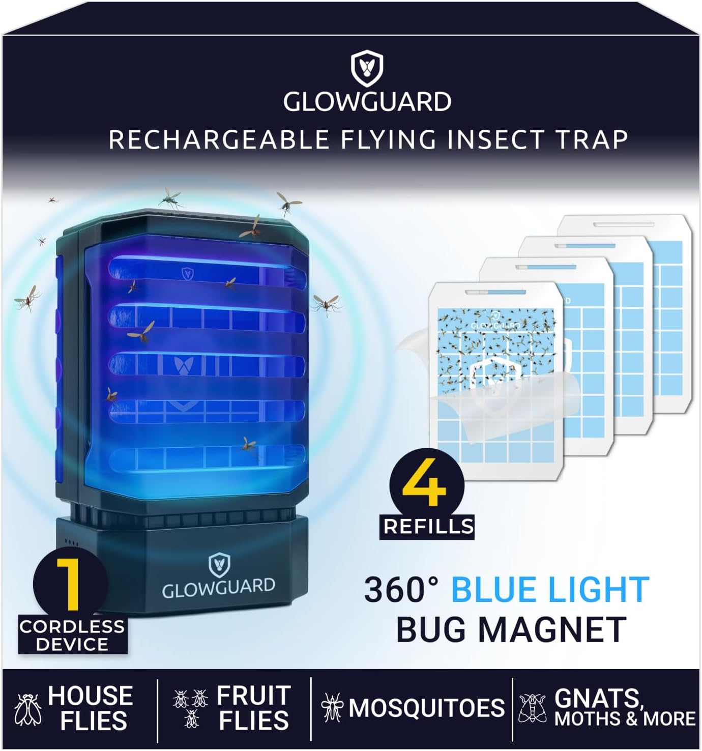 GlowGuard Cordless Flying Insect Trap Catches Fruit Flies, Indoor Gnat Killer, Magnet for Moths & Mosquitos in Dark, 1 Rechargeable Trap + 4 Dual-Sided Sticky Pad Refills, 30Hr 5000mAh Battery (Black)-VerdiqueGarden