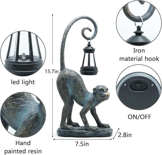 Resin Monkey Statue with Solar Light - Whimsical Garden Decor, Good Luck Gifts for Women,Outdoor Statues Yard Decor for Patio,Porch,Home - Unique Housewarming Gifts-VerdiqueGarden