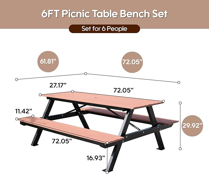 6FT Outdoor Picnic Table and Bench Set with 2" Umbrella Hole, WPC Tabletop Seattop Patio Dining Set for 6 People, Outdoor Dining Table and Chair for Park Garden Yard Patio- Brown-VerdiqueGarden