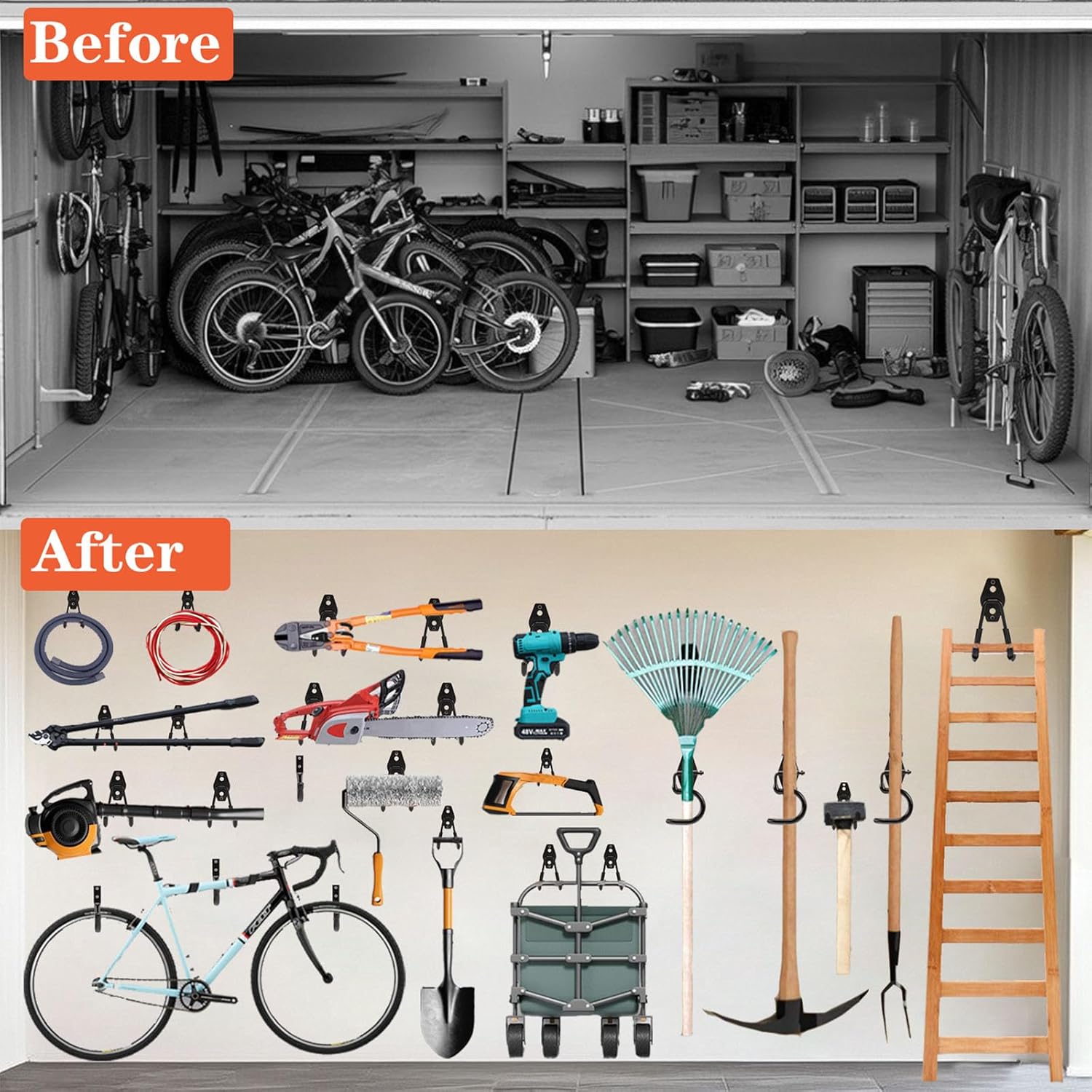 TocTen Garage Hooks, 14 Pack Garage Storage Hook Heavy Duty Solid Steel Wall Hooks, Wall Mount Storage Hook Kit with Anti-Slip Coating Ladder Hooks for Hanging Garden Tools Chair Hose Ropes (Black)-VerdiqueGarden