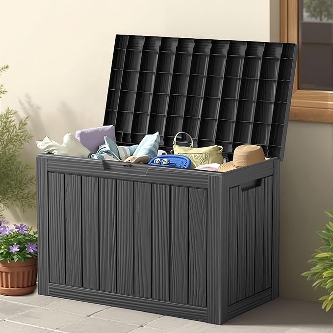 45 Outdoor Storage Box, Waterproof Resin Deck Box with Side Handles, Lockable Outdoor Bench for Indoor & Outdoor Use, Storage Bin for Patio Cushions, Garden Tools, Package Delivery, Black-VerdiqueGarden
