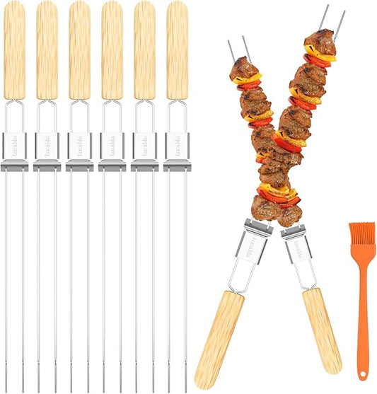 Skewers for Grilling, 17" (6 Pcs) Wooden Handle Double Pronged Stainless Steel Flat Kabob Skewers with Push Bar, Reusable Long Metal Skewer Sticks for Meat Chicken Vegetable, BBQ Accessories-VerdiqueGarden