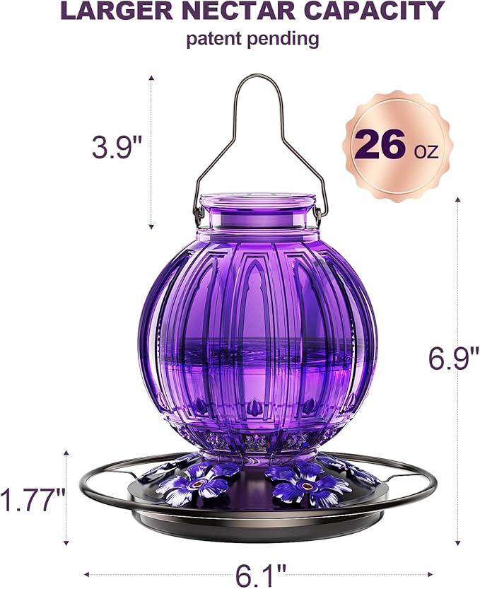 2 Pack Glass Hummingbird Feeder for Outdoors Hanging, Bird Nectar Feeder with Perch & 5 Flower Feeding Ports, 26 Oz Leak Proof for Outside Garden Decor Backyard, Gifts for Women Mom, Purple-VerdiqueGarden