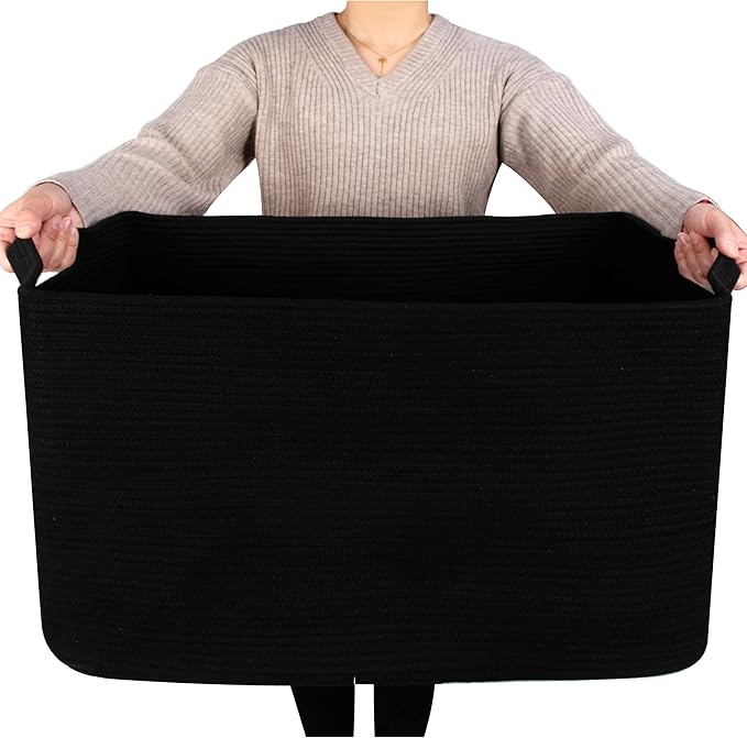 MINTWOOD Design 22in Extra Large Blanket Basket Holder Living Room, Rectangle Rope Woven Storage Basket with Handles for Laundry, Pool Towels, and Shoes, Dog Toy Organizer Bin Box, Full Black-VerdiqueGarden