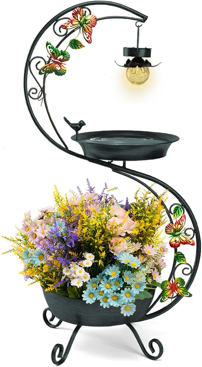 Bird Bath for Outside with Solar Lamp, 36" Birdbaths for Outdoors with Planter Flower Pot, Metal Bird Bath Bowl for Garden Yard Decor (All Black)-VerdiqueGarden