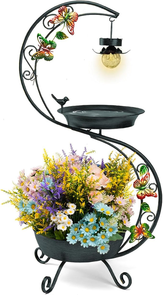 Bird Bath for Outside with Solar Lamp, 36" Birdbaths for Outdoors with Planter Flower Pot, Metal Bird Bath Bowl for Garden Yard Decor (All Black)-VerdiqueGarden