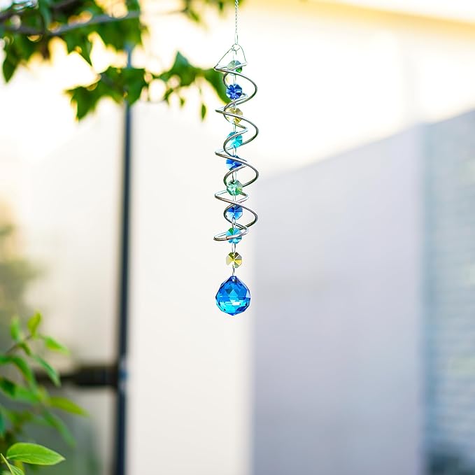 H&D HYALINE & DORA 17.7inch Gazing Ball Spiral Tail,Decorative Wind Spinner Sun Catcher,Rainbow Maker Double-Spiral W/Sea Blue Crystal Ball and Chain,Glass Crystals for Indoor Outdoor Decoration-VerdiqueGarden