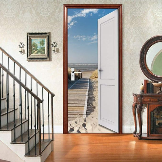 3D Door Wallpaper Self-Adhesive Door Poster - Beach Street - Door Film Photo Wallpaper Premium PVC Waterproof Door Sticker Wall Sticker for Bedroom Living Room Door Decoration Stickers 80 x 200 cm-VerdiqueGarden