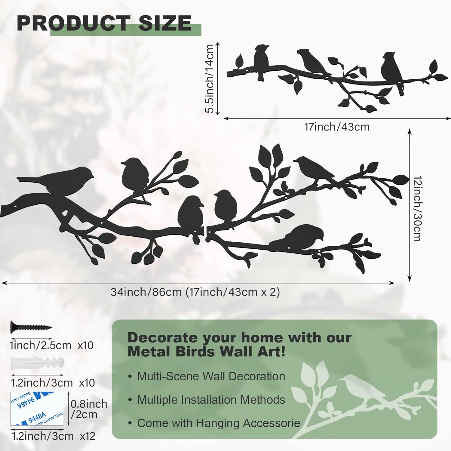 ULENDIS 3Pcs Large Metal Birds Wall Art, Bird on Branch Metal Birds Wall Decor Leaves with Bird Silhouette Sculpture, Ornament Branch Wall Hanging Sign for Balcony Garden Indoor Outdoor Decor-VerdiqueGarden