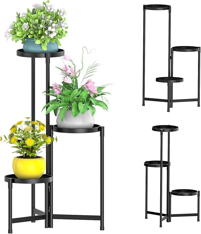 MOKANI Metal Plant Stand Indoor Outdoor for Multiple Plants, 3 Tiered Folding Corner Shelf Tall Flower Pot Holder Display Rack for Patio Living Room Balcony Garden, Black-VerdiqueGarden