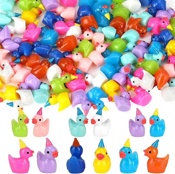 100 Pack Mini Resin Ducks, Multicolor Mini Ducks Wearing Party Hat, Tiny Duck Miniature Duck Figures Tiny Home Ornament for Micro Landscape Dollhouse Garden Aquarium Potted School Office-VerdiqueGarden
