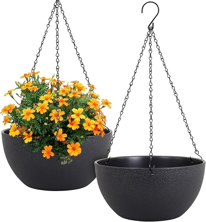 12 inch Large Hanging Planters for Indoor Outdoor Plants, 2 Pack Hanging Flower Pots with Drainage Holes and Chain for Garden Porch Plants, Plastic Hanging Baskets for House Plants, Black-VerdiqueGarden