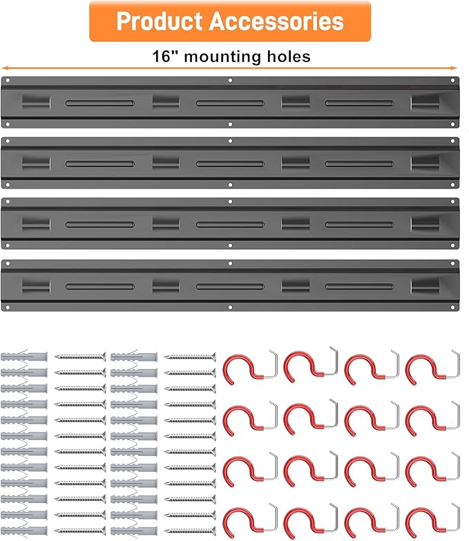 TORACK Metal Wall-Mounted Garden Tool Organizer for Garage, Mop and Broom Holder, Yard Tool Storage Rack for Rakes, Shovels, Mops, Brooms (4 Rails, 16 Hooks)-VerdiqueGarden